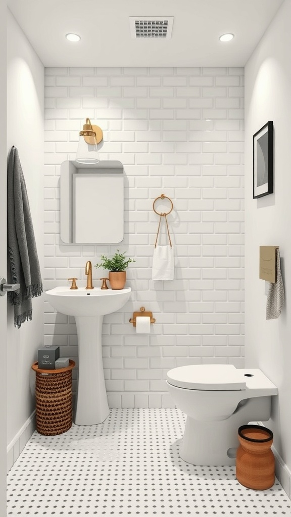 Small full bathroom showcasing an efficient layout with a wall-mounted sink, toilet, and stylish storage options