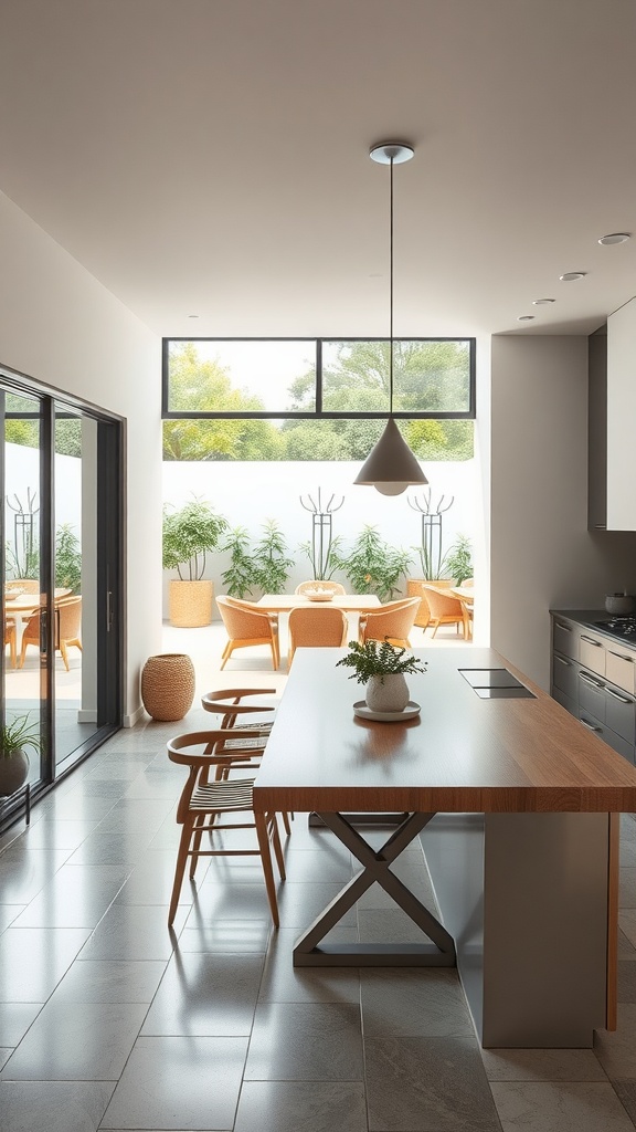 A minimalist kitchen with large glass doors leading to an outdoor seating area, featuring a wooden table and stylish chairs.