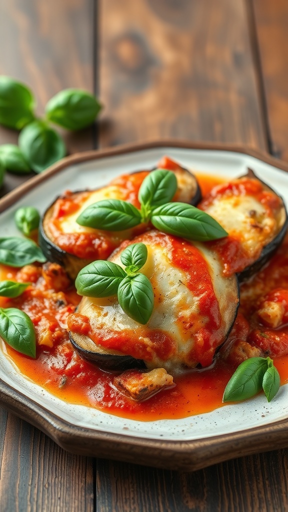 A plate of eggplant parmesan garnished with fresh basil, showcasing layers of eggplant, cheese, and marinara sauce.