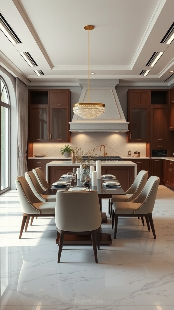 Elegant dining area with a long table and stylish chairs in a modern kitchen.