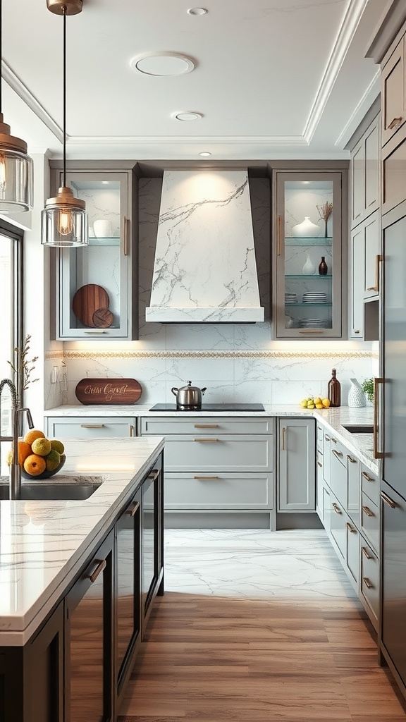 A modern kitchen with marble effect tiles, gray cabinetry, and wood accents.