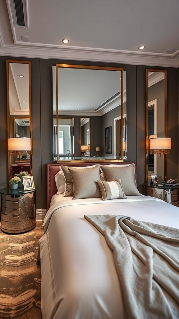 A modern luxury bedroom featuring elegant mirrors that enhance illumination.