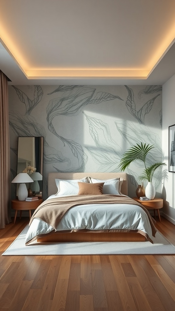 Modern luxury bedroom with neutral tones, leaf-patterned wallpaper, and natural decor elements.