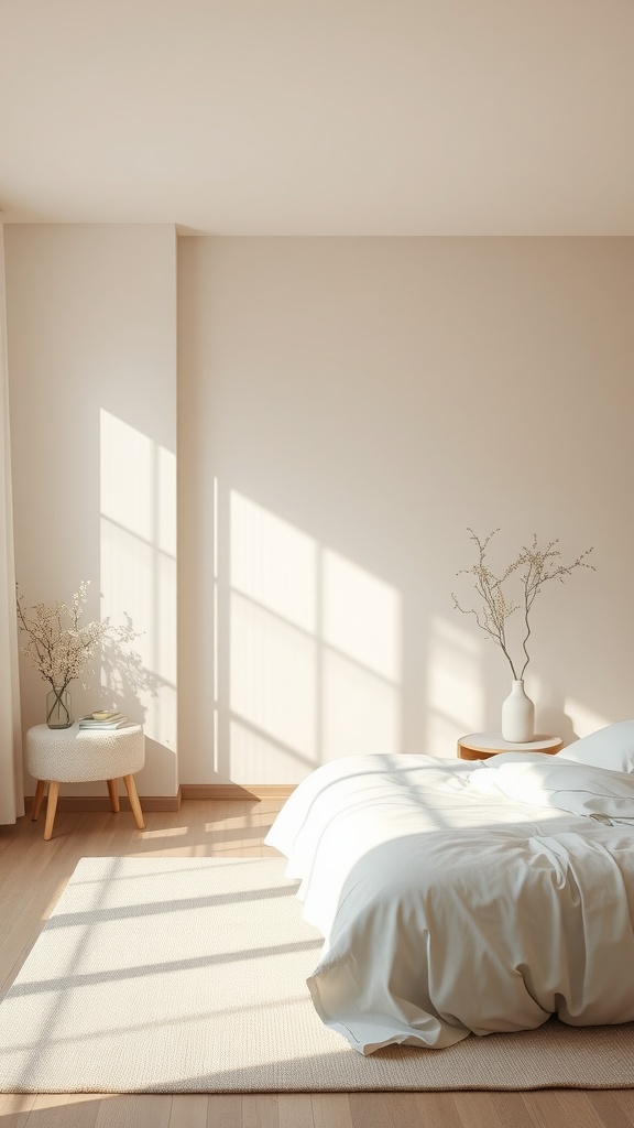 A cozy Japandi bedroom featuring a neutral color palette with a bed, side table, and natural light.