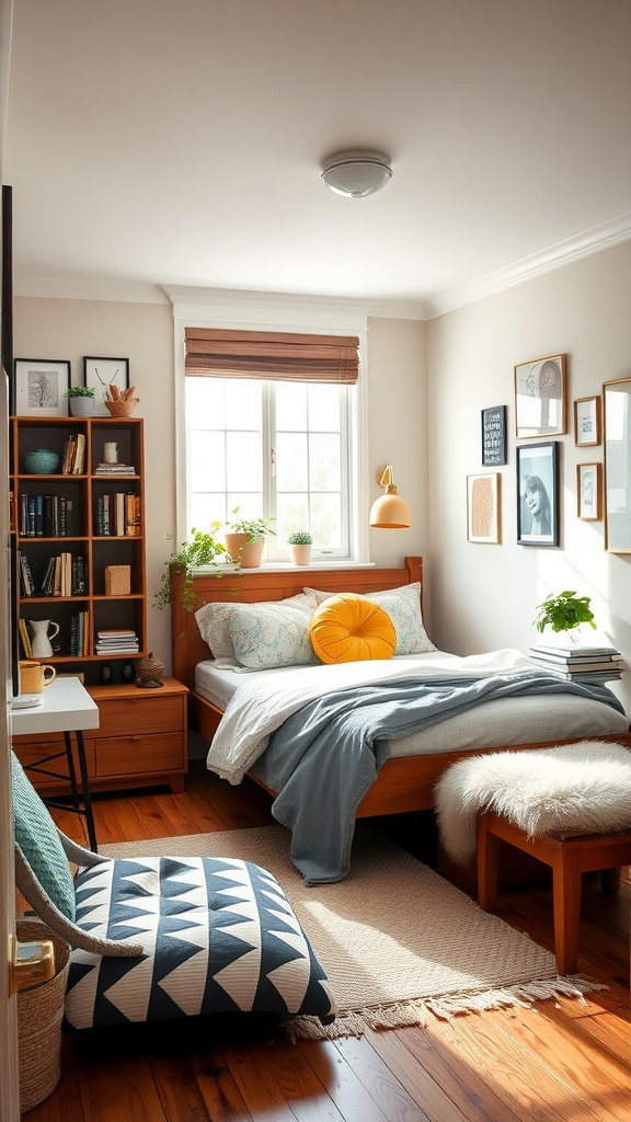 A cozy bedroom featuring a wooden bed, bookshelves, plants, and decorative accessories.