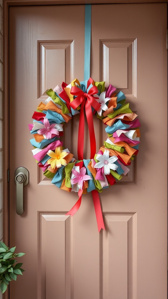 A colorful fabric scrap wreath hanging on a door, featuring various fabric strips and a red bow.