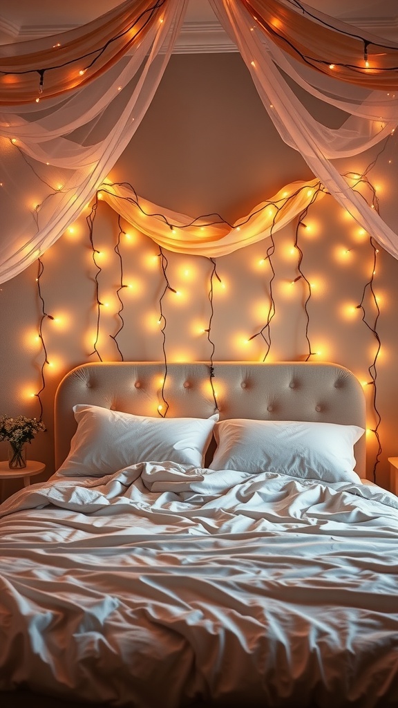 A cozy bedroom with fairy lights wrapped around a headboard, creating a romantic atmosphere.