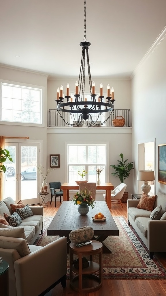 Modern living room and dining room combo with a cozy sofa, dining table, and plants, showcasing a family-friendly design.