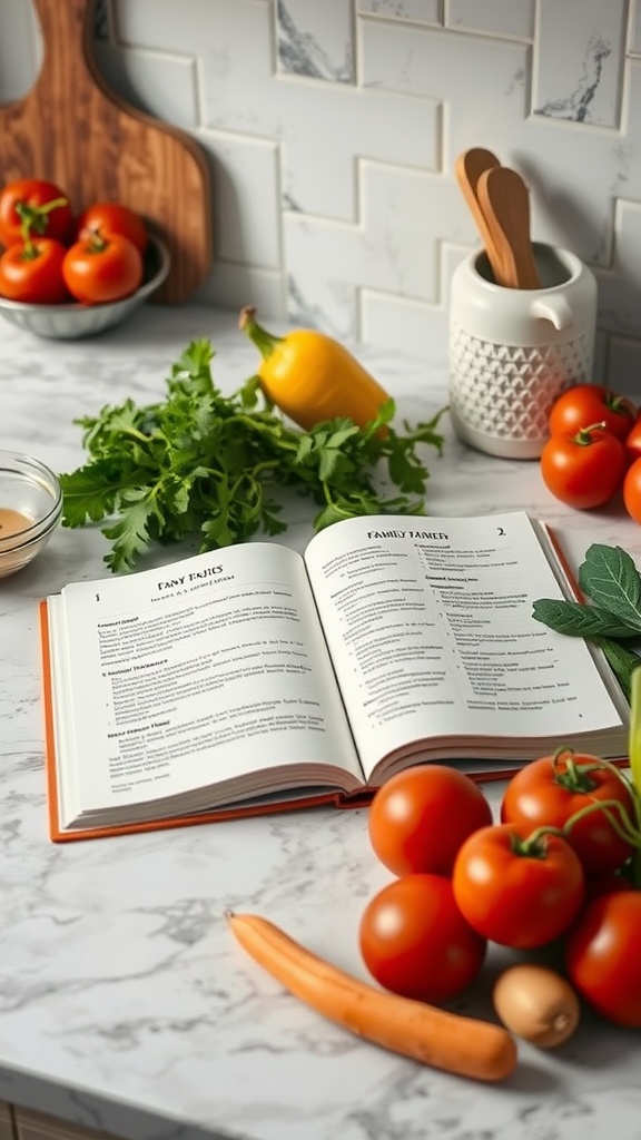 A cozy kitchen scene featuring a cookbook open to family recipes with fresh vegetables on the countertop.