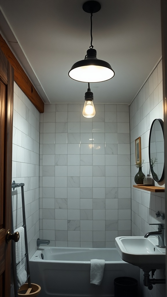 A rustic bathroom featuring a black pendant light above a white bathtub and minimalist decor.