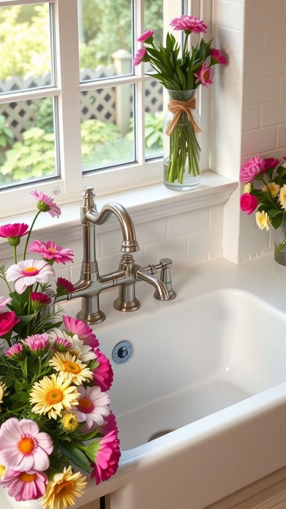 A white farmhouse sink surrounded by colorful flowers, showcasing a practical yet stylish kitchen feature