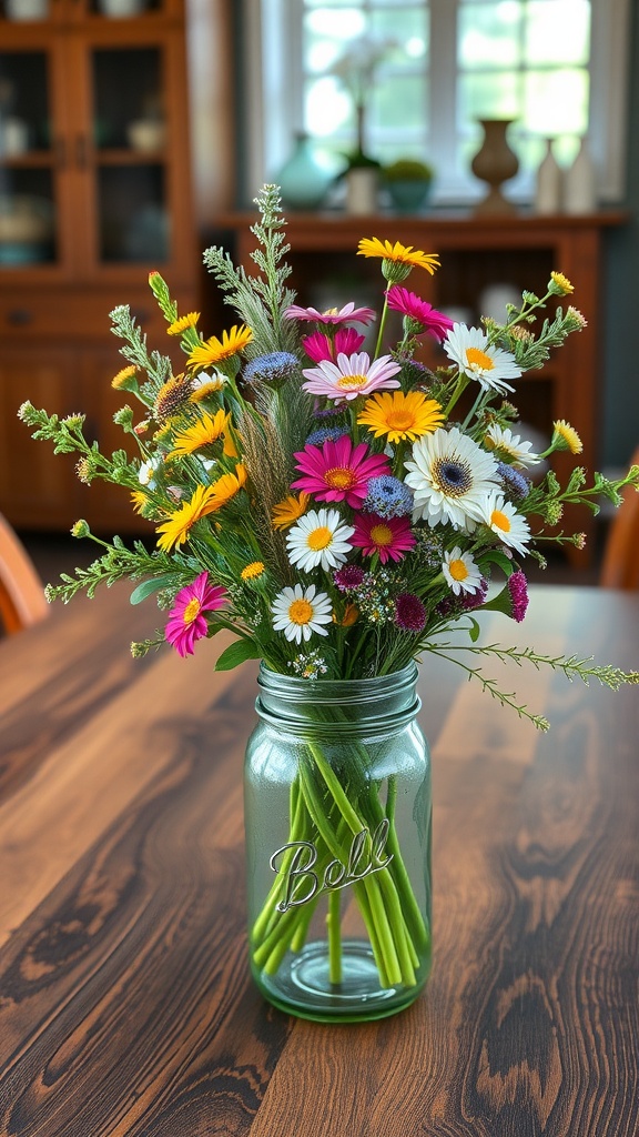 A vibrant flower arrangement in a mason jar on a wooden table.