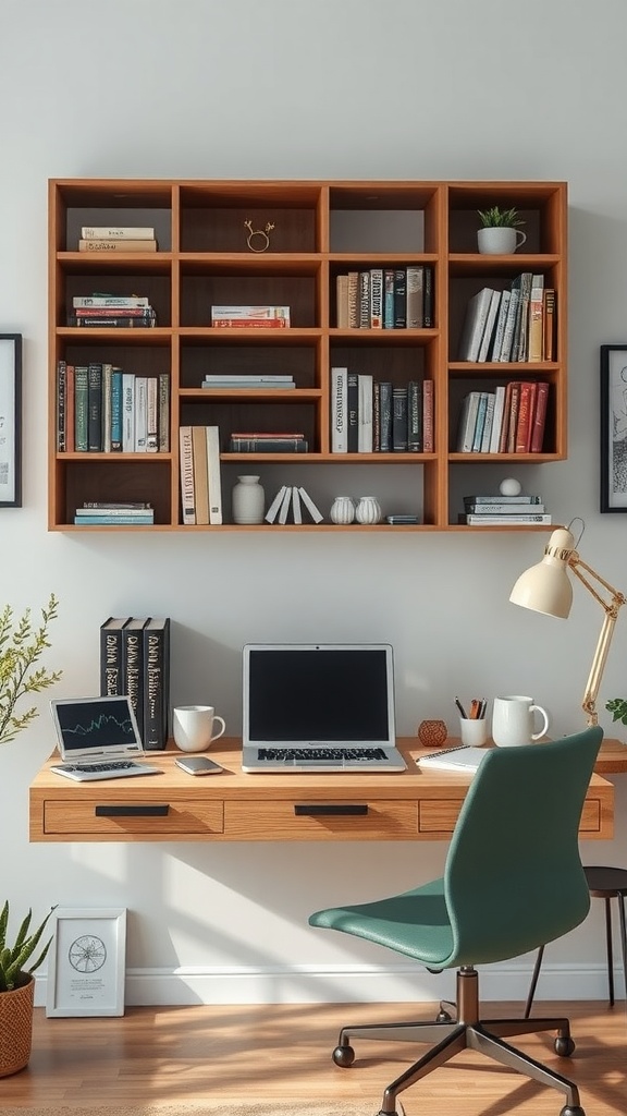 A spacious wooden floating bookshelf above an integrated desk with two laptops, books, and decorative items