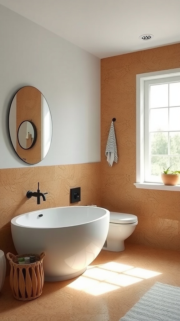 A modern bathroom featuring a floating cork tile floor, round bathtub, and warm wall colors.