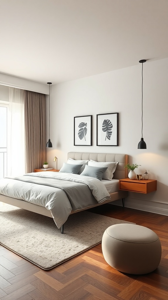 A cozy bedroom featuring floating nightstands, a bed with soft gray bedding, and warm wooden floors.