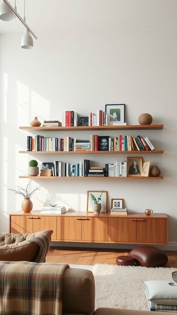 A room featuring floating wooden shelves displaying books, vases, and framed pictures, with a cozy seating area in the foreground.