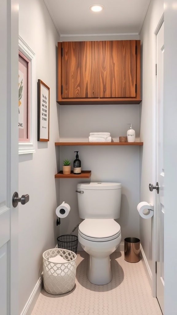 A small bathroom with floating wooden cabinets and shelves for storage, featuring a clean design.