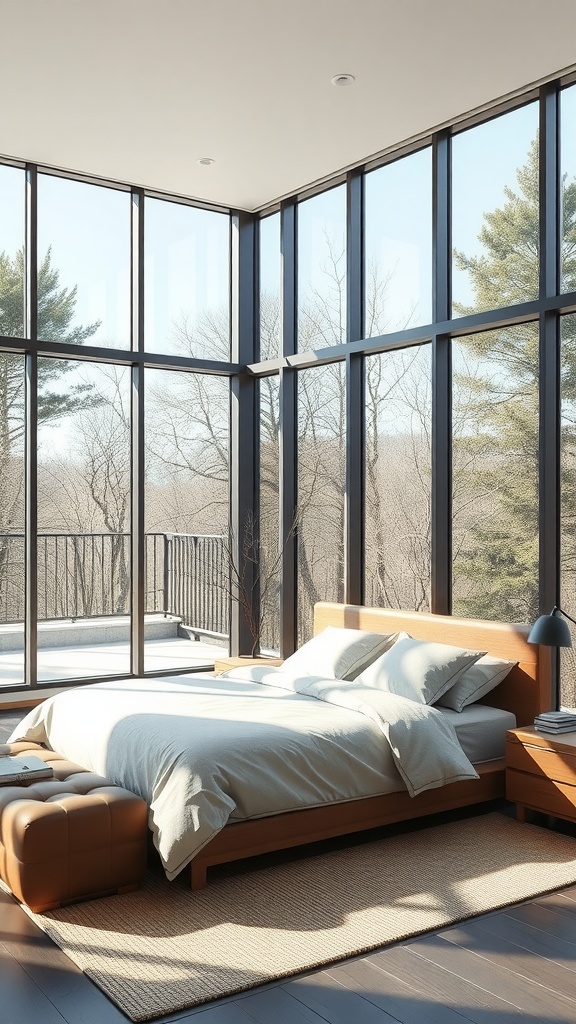 A modern luxury bedroom featuring floor-to-ceiling windows, a comfortable bed, and natural decor.