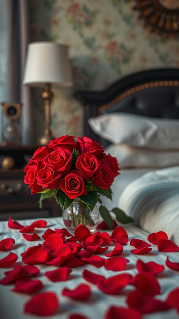 A romantic bedroom scene featuring a bouquet of red roses and scattered rose petals on a bed