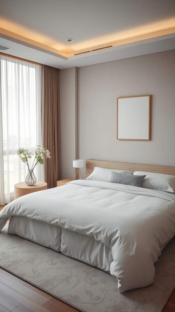 A serene Japandi bedroom featuring a white bed, wooden furniture, and large windows with natural light.