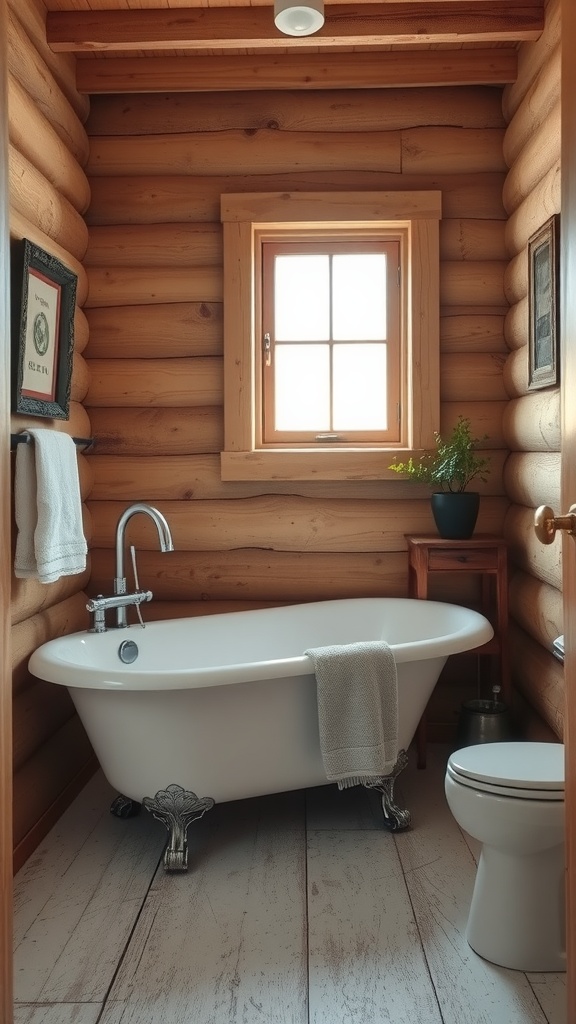 A freestanding white bathtub with clawfoot design in a rustic bathroom with wooden walls and a window.