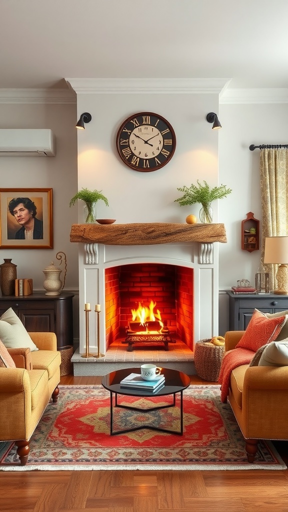 A cozy living room featuring a functional fireplace, warm lighting, and inviting decor.