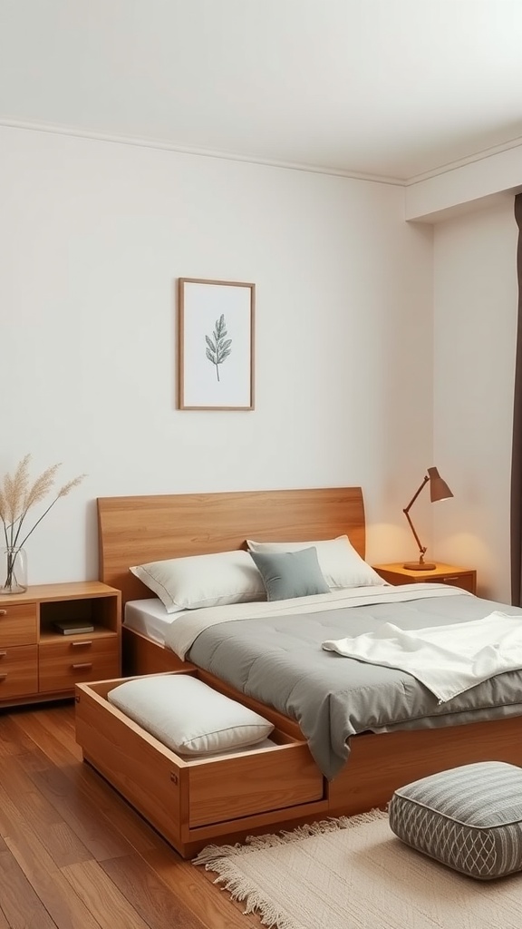 A cozy Japandi style bedroom featuring wooden furniture with storage, a simple color palette, and decorative elements.