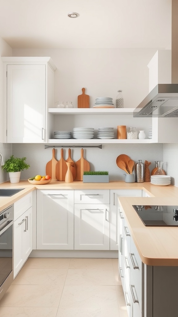 Modern luxury kitchen with white cabinetry, wooden surfaces, and organized shelves.