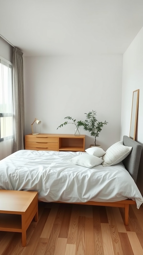 A minimalist bedroom featuring a simple bed, light wood furniture, and a plant by the window.