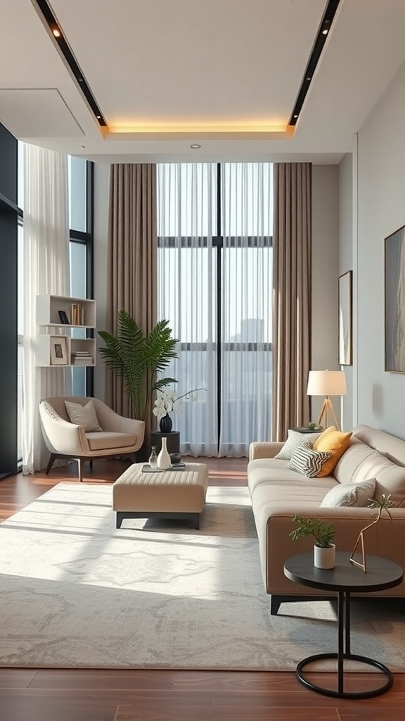 A modern luxury bedroom featuring a cozy seating area with a sofa, armchair, and coffee table, accentuated by large windows and a potted plant.