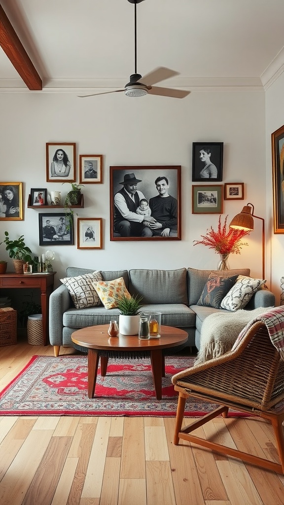 Cozy boho living room featuring a gray sofa, patterned rug, wooden coffee table, and a gallery wall of black-and-white photos.