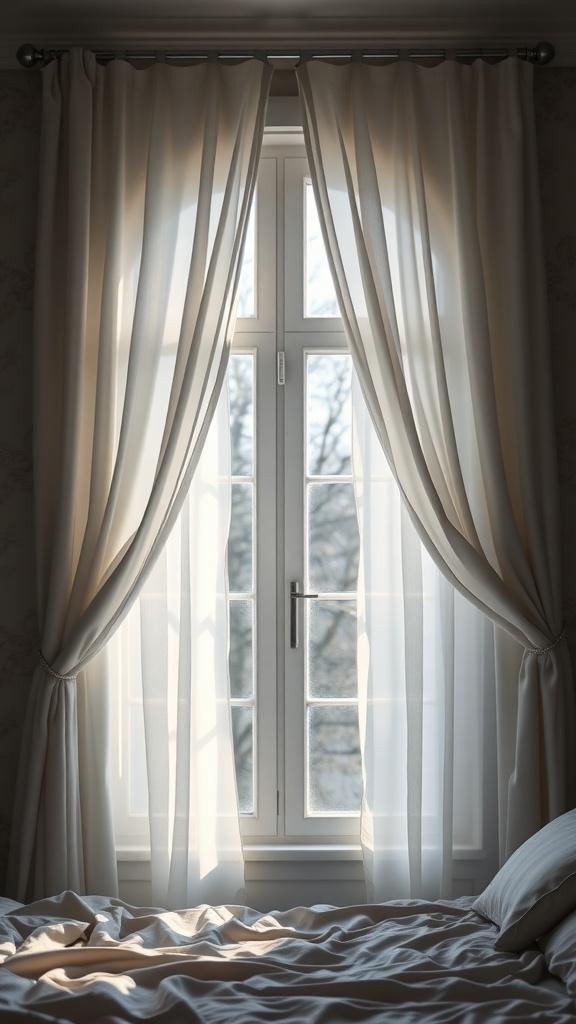 Soft, sheer drapes framing a window in a cozy bedroom, allowing gentle light to filter through.