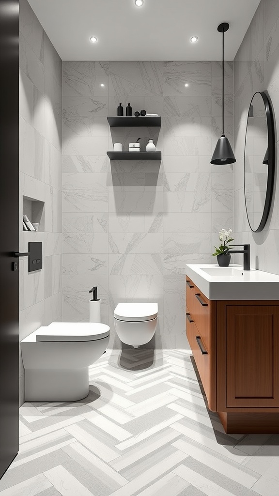 Modern bathroom featuring herringbone vinyl flooring, sleek cabinetry, and minimalist design