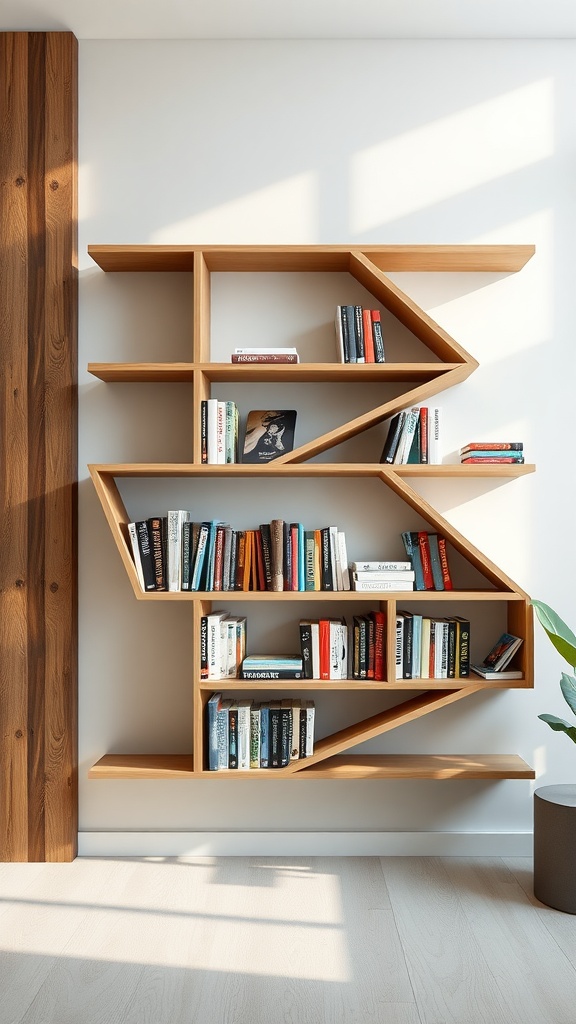 Geometric floating bookshelf featuring angular shelves with books and decorative items.