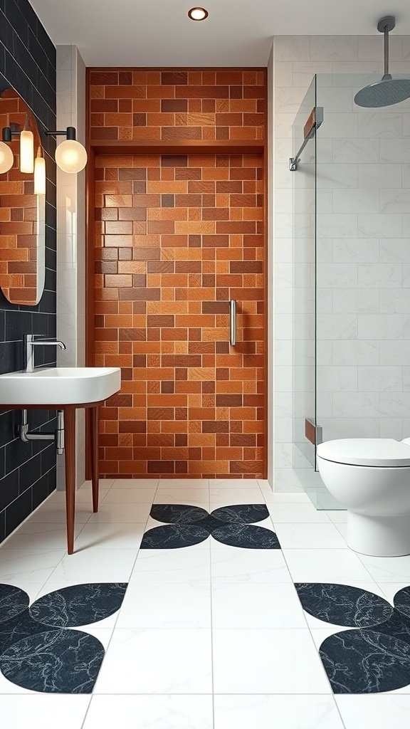 Modern bathroom with geometric patterned floor tiles and contrasting wall tiles.