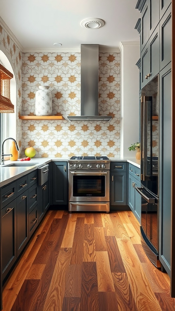 A kitchen featuring geometric tile patterns on the walls and classic wood flooring.