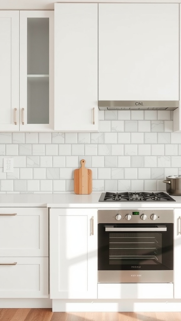 Minimalist kitchen showcasing geometric tile patterns with white cabinetry and a wooden cutting board.