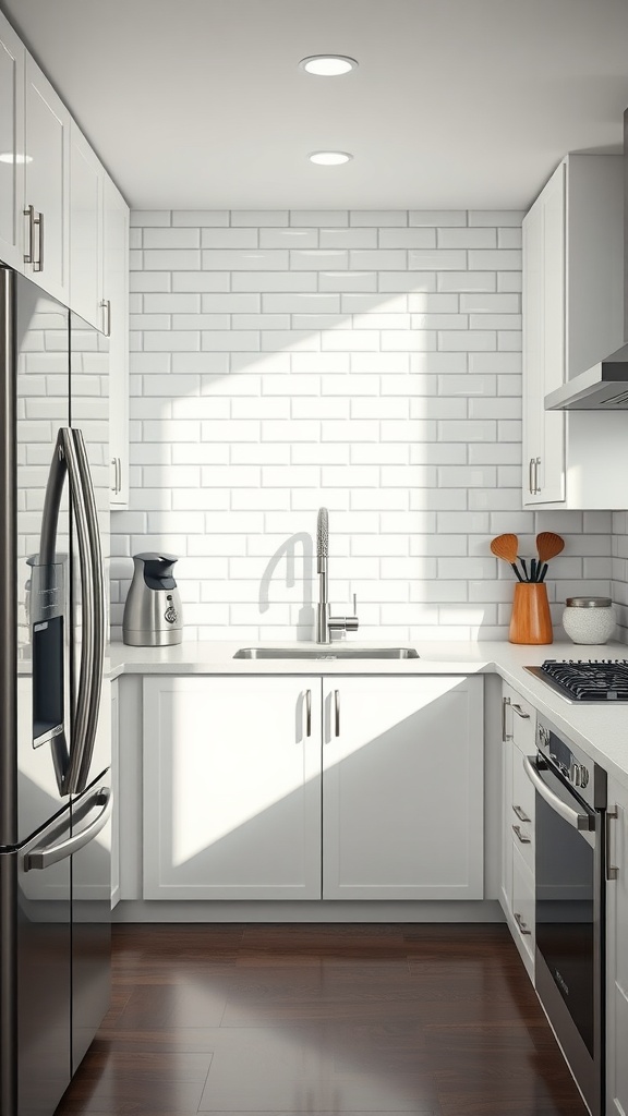 Modern kitchen featuring glossy finish subway tiles, dark wood floor, and stainless steel appliances.