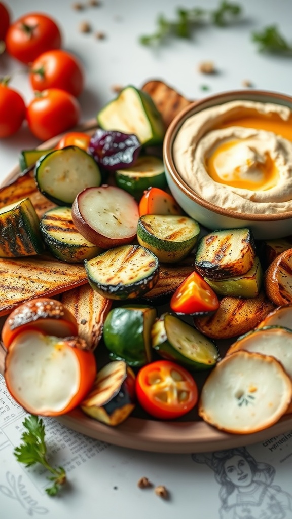 A colorful grilled vegetable platter with slices of zucchini, bell pepper, and eggplant alongside a bowl of hummus.