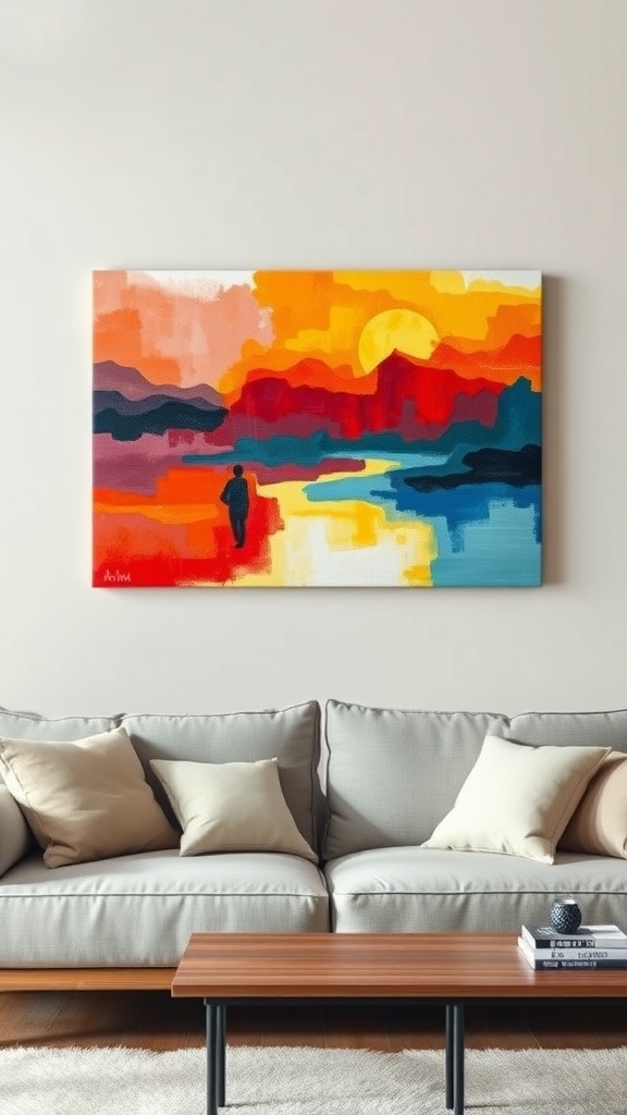 A colorful hand-painted canvas art piece depicting a sunset with a person walking towards it.