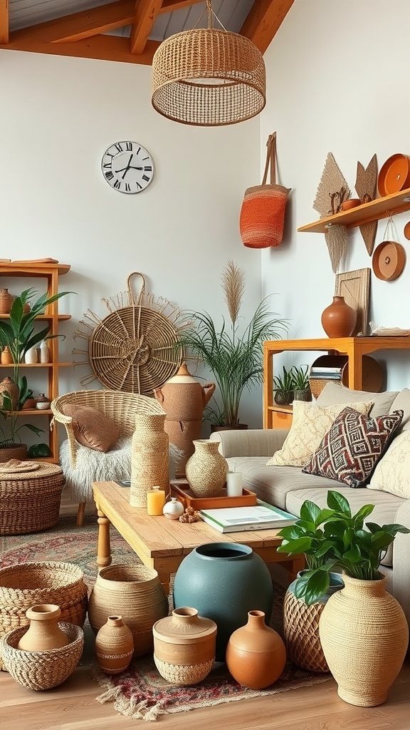 Cozy boho living room with handcrafted decor accents, including pottery, woven baskets, and wooden furniture.