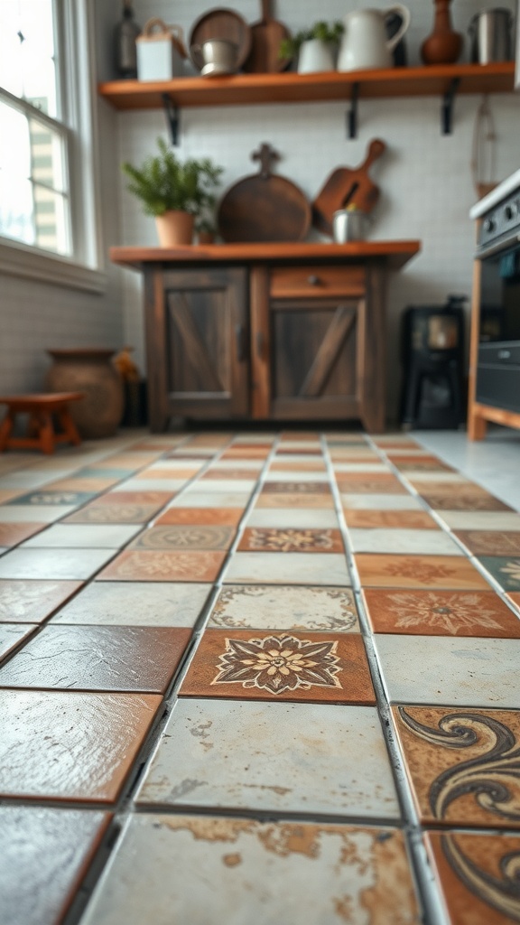 A close-up view of handcrafted tile flooring in a rustic kitchen, featuring various patterns and colors, with wooden cabinets and shelves in the background.