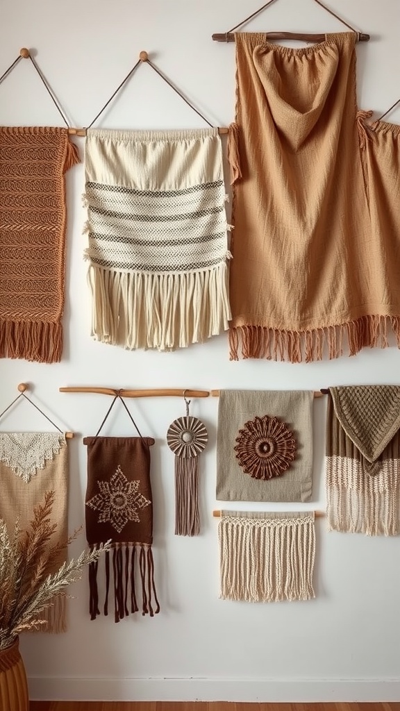 A collection of handmade fabric wall hangings in earthy tones, showcasing various textures and designs.