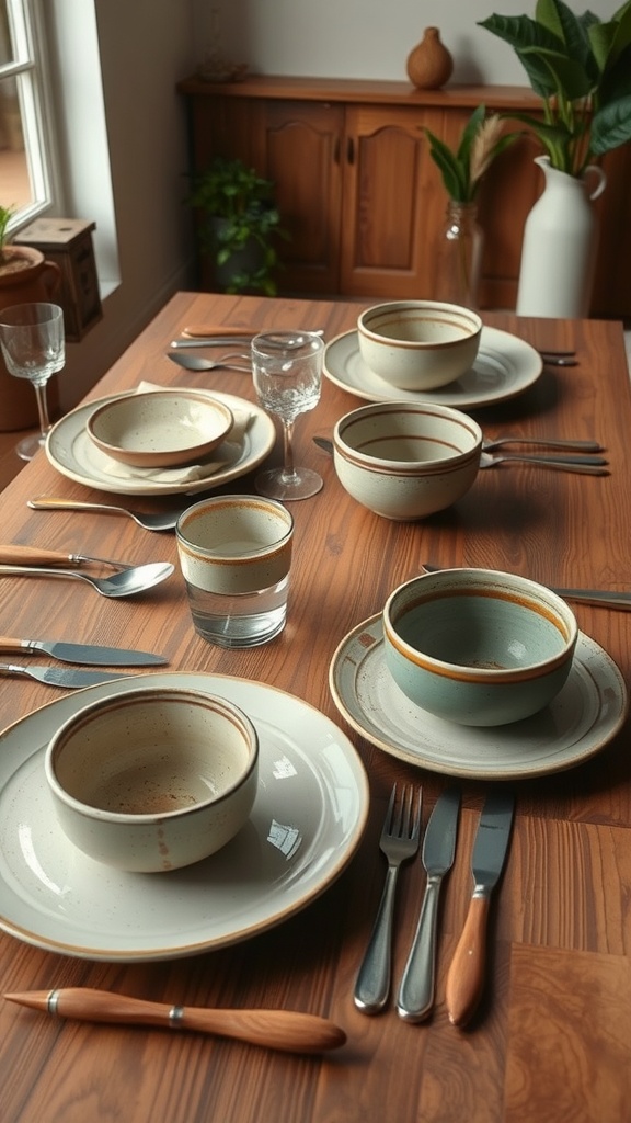 A cozy kitchen table set with handmade pottery, featuring various bowls and plates, surrounded by elegant cutlery and glassware.