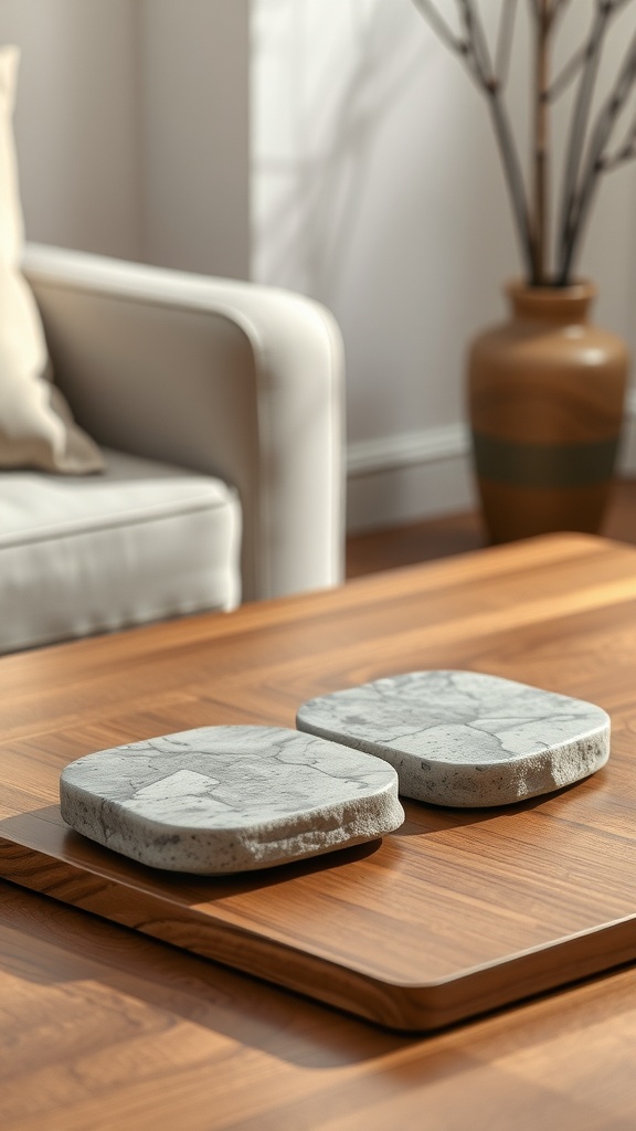 Handmade stone coasters on a wooden table