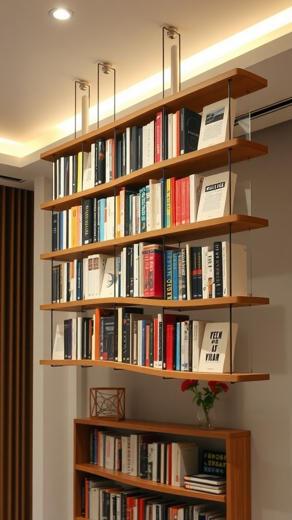 A creative hanging book display featuring books suspended from the ceiling with strings, alongside a wooden bookshelf filled with more books.