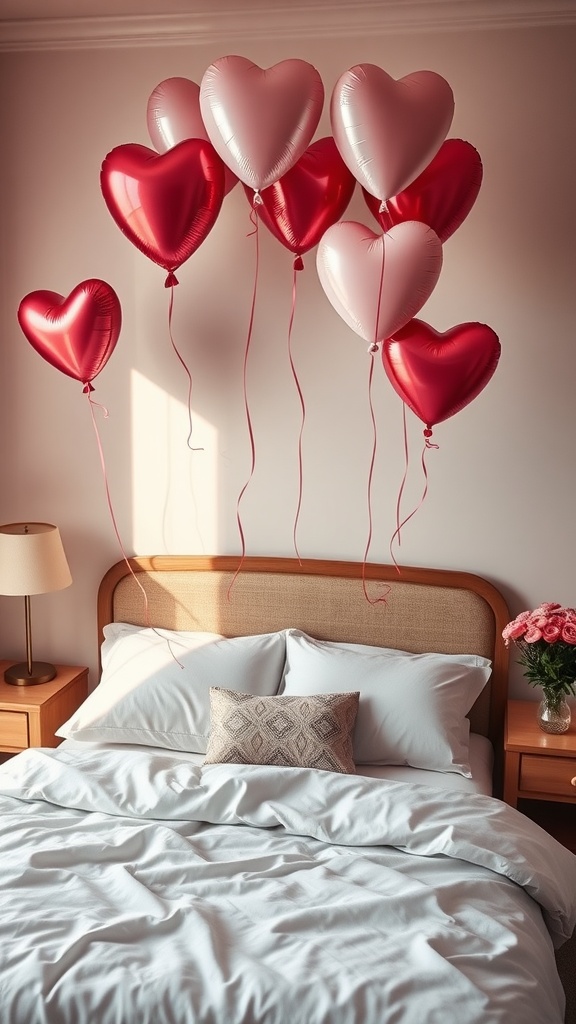 Heart-shaped balloons in red and pink floating above a bed with cozy white bedding