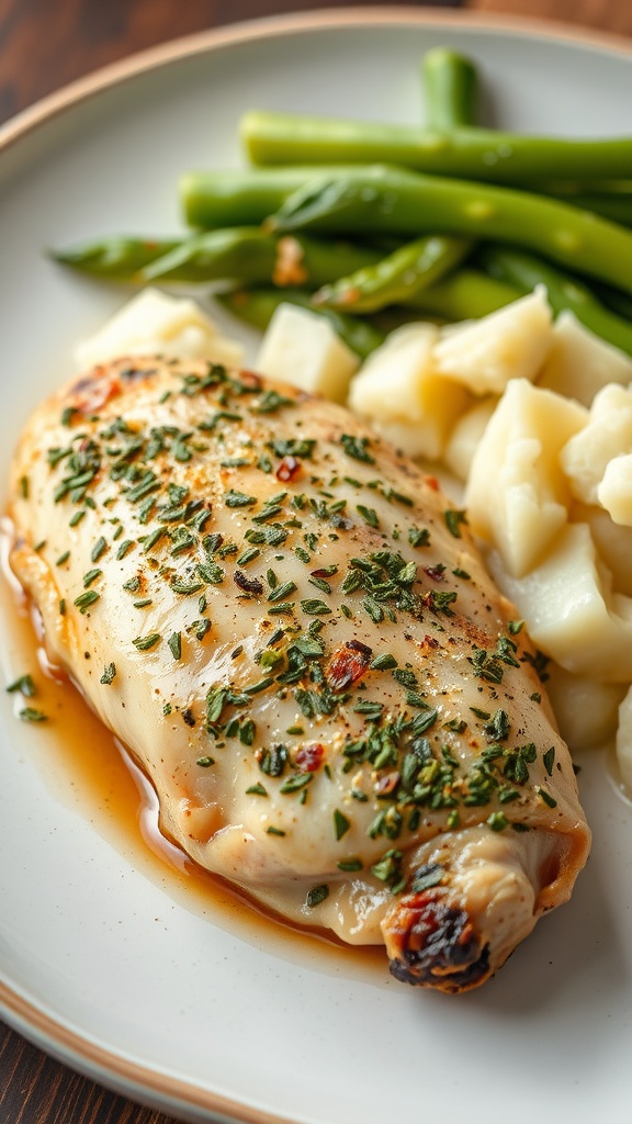 A plate of herb-crusted chicken with garlic mashed potatoes and green beans