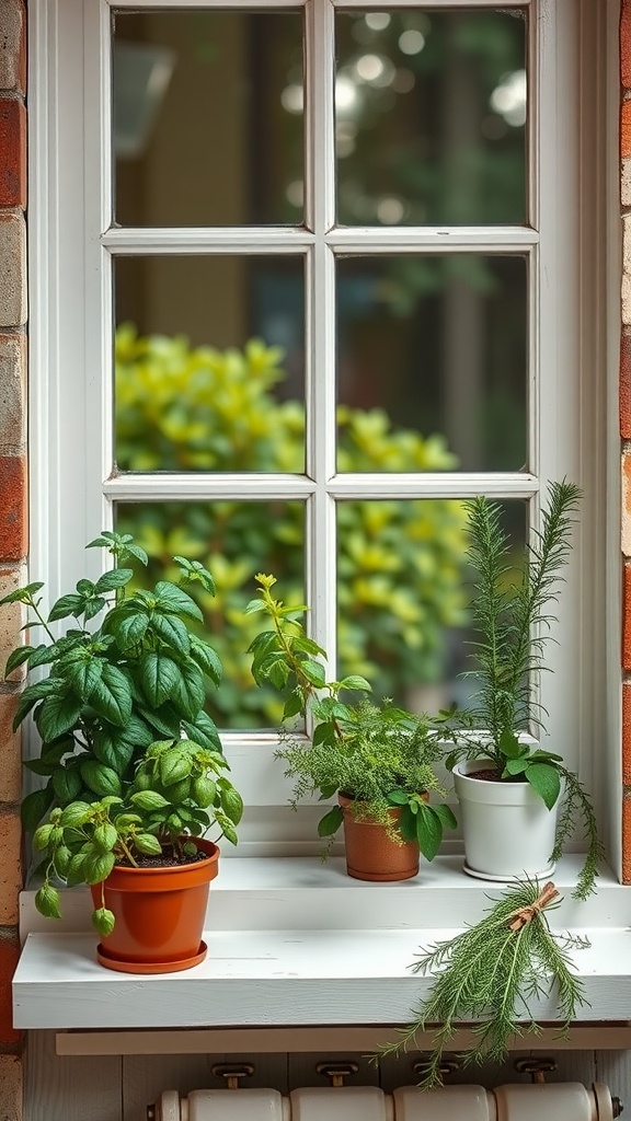 A cozy kitchen windowsill with various potted herbs including basil and rosemary, bathed in sunlight.