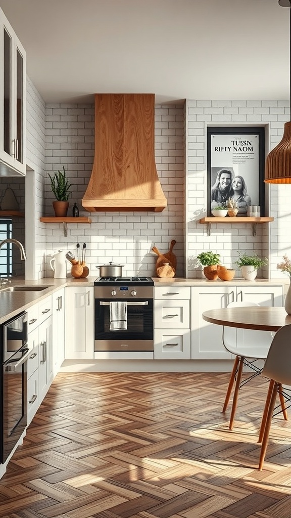 A modern kitchen featuring herringbone pattern wooden floor tiles, white cabinets, and a cozy atmosphere.